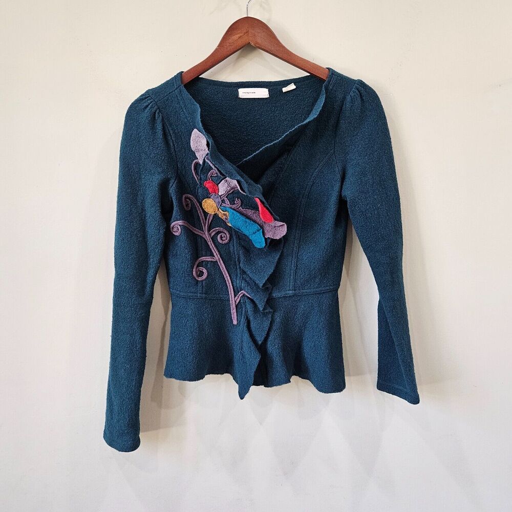 Anthropologie Sleeping on Snow Womens Wool Blazer Jacket Small Green Floral Felt